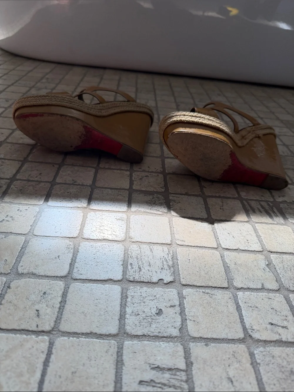 Christian Louboutin Tan Patent Leather Espadrille Wedge Sandals